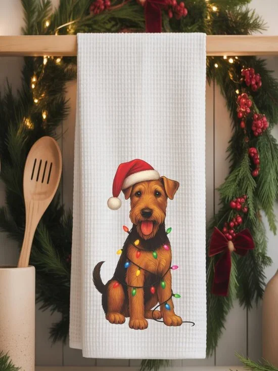 Airedale Terrier Christmas Lights Decorative Kitchen Tea Towel