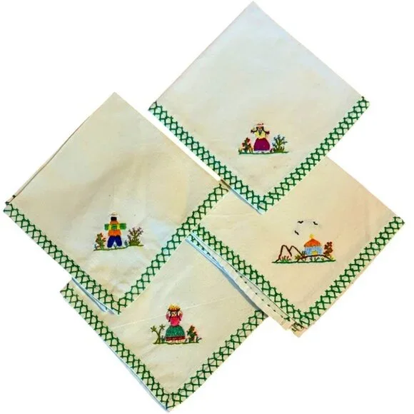 Handmade Embroidered Folk Art‎ Napkins Handkerchiefs Guatemalan 4 Ct Cottagecore
