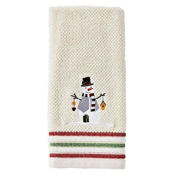Christmas Snowman Hand Towels Winter Beige Tan Embroidered Holiday Set of 2