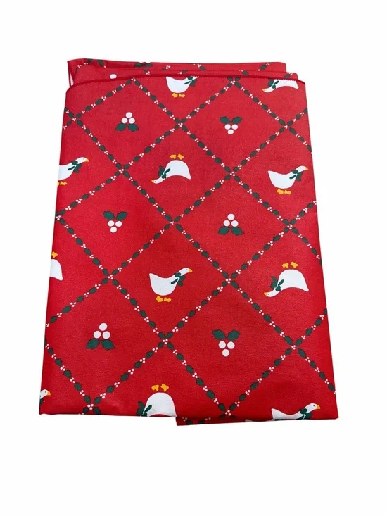 Vintage 1983 Christmas Goose Tablecloth 52x70 Oval Red Vinyl Flannel Back NOS U