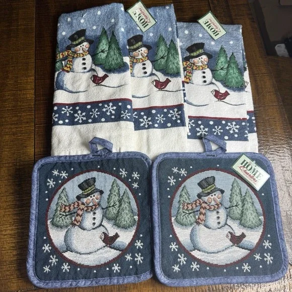 Vtg NOS Mervyn's 5pc Christmas Snowman Kitchen Hand Towel & Tapestry Pot Holders