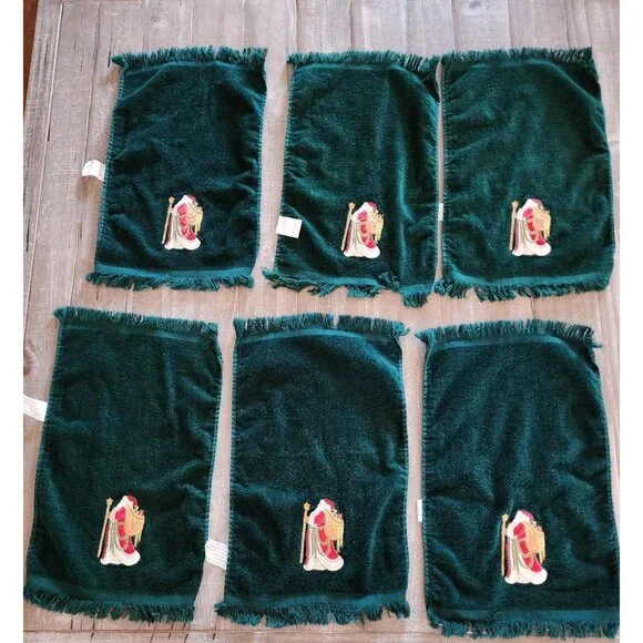 Set Of 6 Embroidered Christmas Hand Towels‎ Dark Green 100% Cotton 15