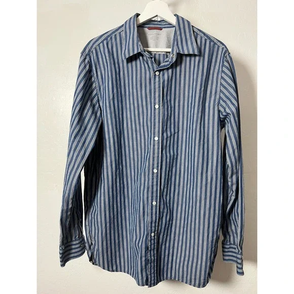 Banana Republic Pearl Snap Shirt Western Mens Size L Slim Fit Blue White Striped