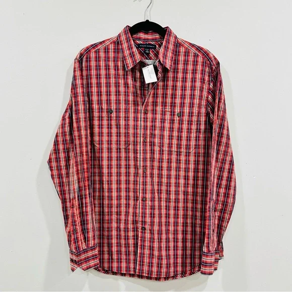 Banana Republic Shirt Mens 15-15.5 M Red Blue Plaid Long Sleeve Button Up Cotton