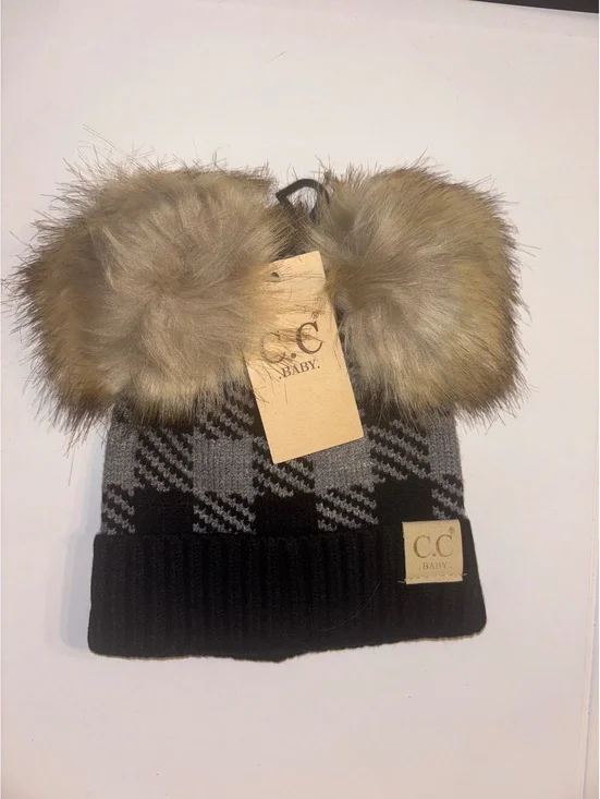 C.C Baby Buffalo Plaid Double Pom Beanie Black Grey NWT Infant Winter Hat