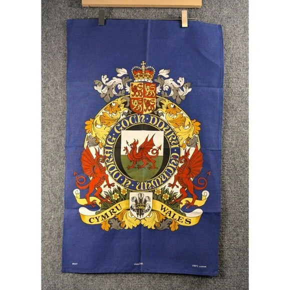 Vista Vintage Cymru Wales Welsh Dragon Crest Cotton Tea Towel Blue 8937