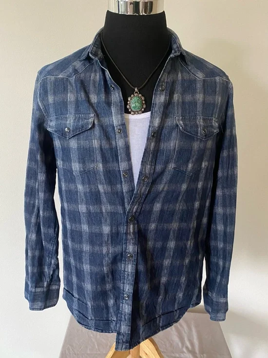 Banana Republic Indigo Plaid Western Shirt L Selvedge Mens Pearl Snap Chambray
