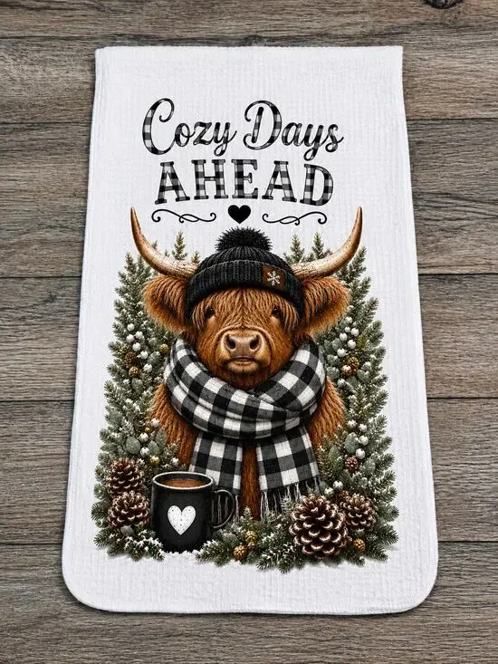 Highland Cow Cozy Days Ahead Winter Kitchen Towel Farmhouse Decor