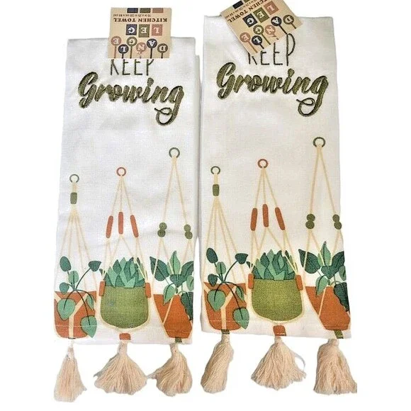 Plants Keep Growing Kitchen Cotton Dish Towels Set Of 2 Embroidered Tasseled