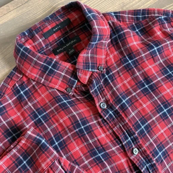 Banana Republic Men's Large Slim Fit Plaid Flannel Long Sleeve Button Down Shirt
