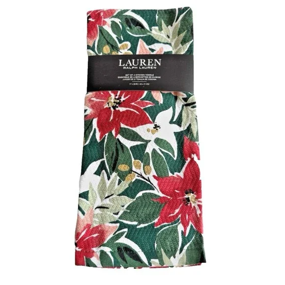 Ralph Lauren Christmas Kitchen Dish Towels Poinsettia Red 100% Cotton Set of 3
