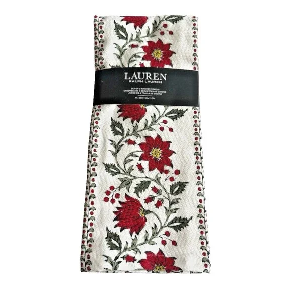Ralph Lauren Christmas Kitchen Dish Towels Poinsettia Red 100% Cotton Set of 3