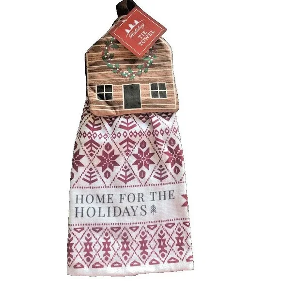 Christmas Hanging Dish Towel Log Cabin Button Tie Home for the Holidays Set of 2