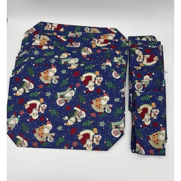 Vintage Christmas Santa Claus Cloth Fabric Placemats & Napkin - Set Of 8‎