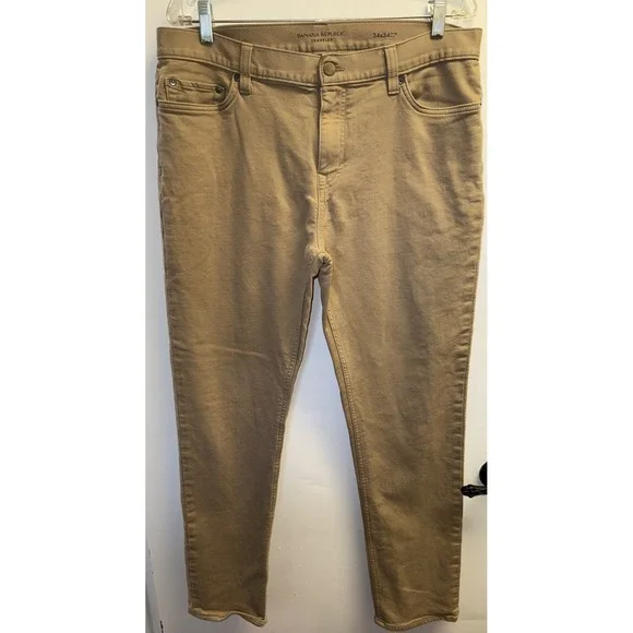 Banana Republic Chino Pants Mens Traveler Slim Fit 34X33 Tan Stretch 5 Pocket