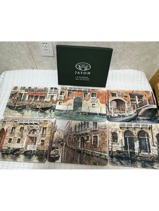 Jason Products Venice Placemats Set of 6 Hard Cork Back Board Italian Canals