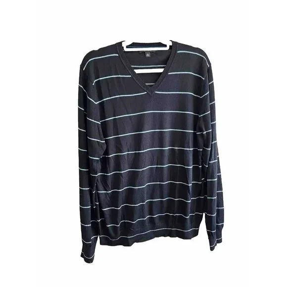 Banana Republic Silk Cashmere V Neck Striped Sweater Men XL Blue