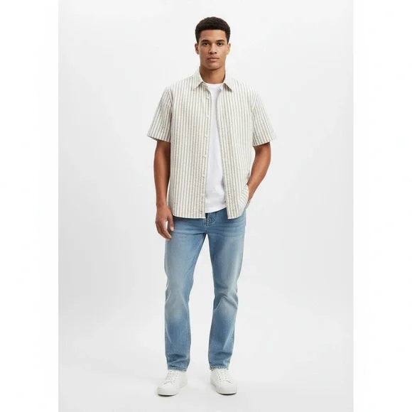 Banana Republic Shirt Medium Khaki White‎ Seersucker Camp Shirt Coastal Preppy