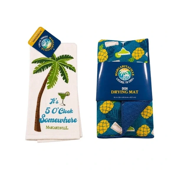 Margaritaville Cotton Kitchen Towel & Dish Mat Set Its 5'OClock Somewhere New
