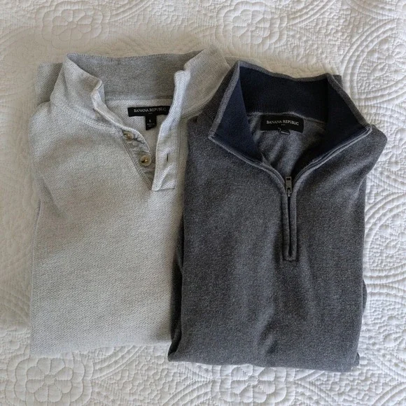 Banana Republic Premium Luxe Sweater Bundle Mens L Grey Quarter Zip‎ Button Mock
