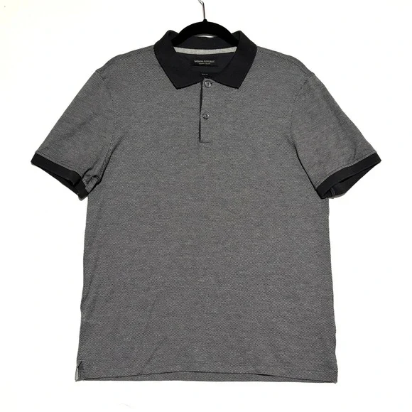Banana Republic Polo Shirt Mens L Black White‎ Luxury Touch Herringbone Preppy