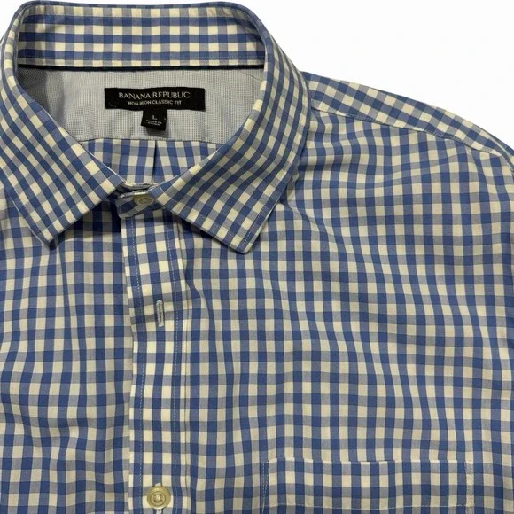 Banana Republic L Non Iron Classic‎ Fit Blue Gingham Dress Shirt