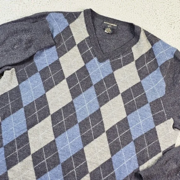 Banana‎ Republic Sweater Mens Large Gray Merino Wool V Neck Argyle Knit Pullover