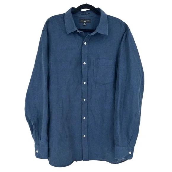 Banana Republic Mens XL Slim Fit Linen Cotton Button Down Shirt Navy‎ Blue