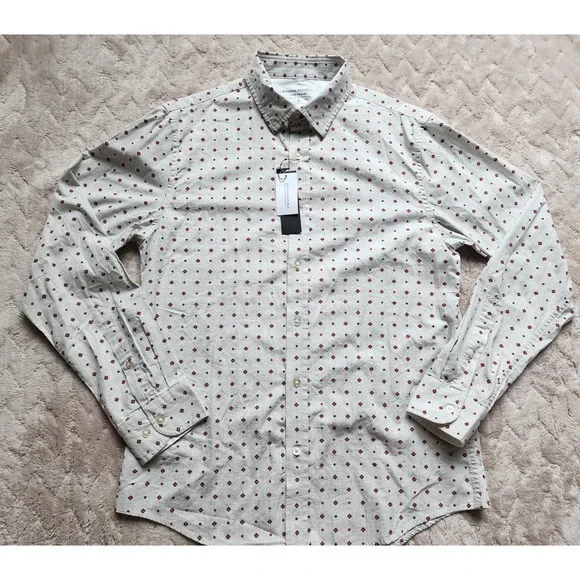 Banana Republic Mens Untucked Slim Fit Grey Red Diamond Luxe Poplin Shirt M NEW