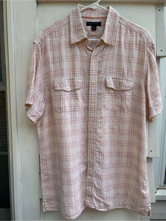 Banana Republic Shirt Linen Rust Cream Plaid Short Sleeve Button-Down Size L