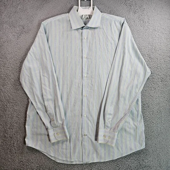 Banana Republic Shirt Men XL 17-17.5 Button Up‎ Long Sleeve Blue Green Striped