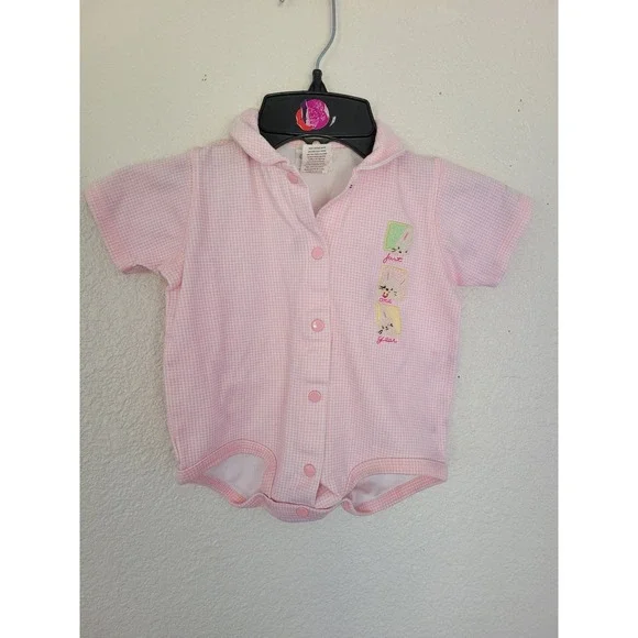 Vintage Carter's Pink Gingham Bunny Romper 3-6M Peter Pan Collar #10