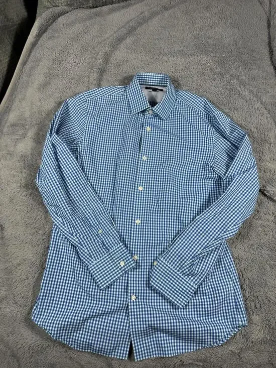 Banana Republic Dress Shirt Mens M Blue Gingham Slim Fit Non Iron LS Business