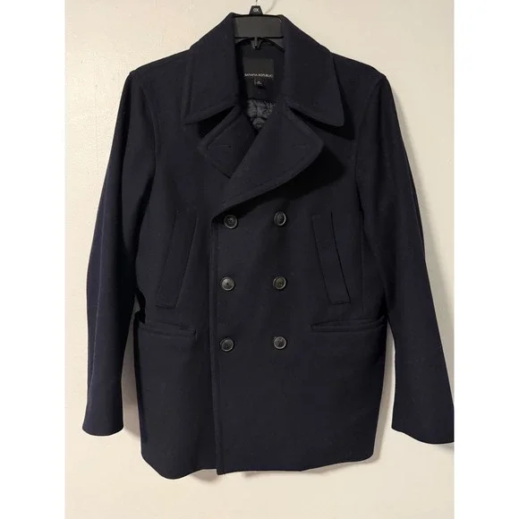 Banana Republic Mens Navy Blue Italian Wool Blend Pea Coat Mario Bellucci Med