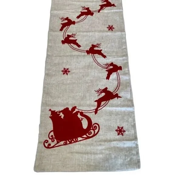 Aspen 14x72 Christmas Table Runner Red Reindeer Santa Sleigh‎ Linen Blend