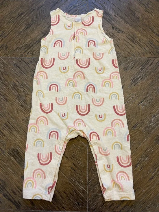 Old Navy Cream Baby Romper with Pink, Mustard & Blue Rainbow Print