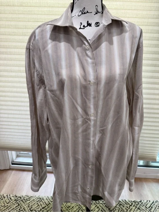 Banana Republic Men's Taupe and White Pinstripe Dress Shirt
