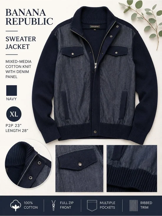 Banana Republic Men's Navy Mixed-Media Sweater Jacket Full Zip Size XL