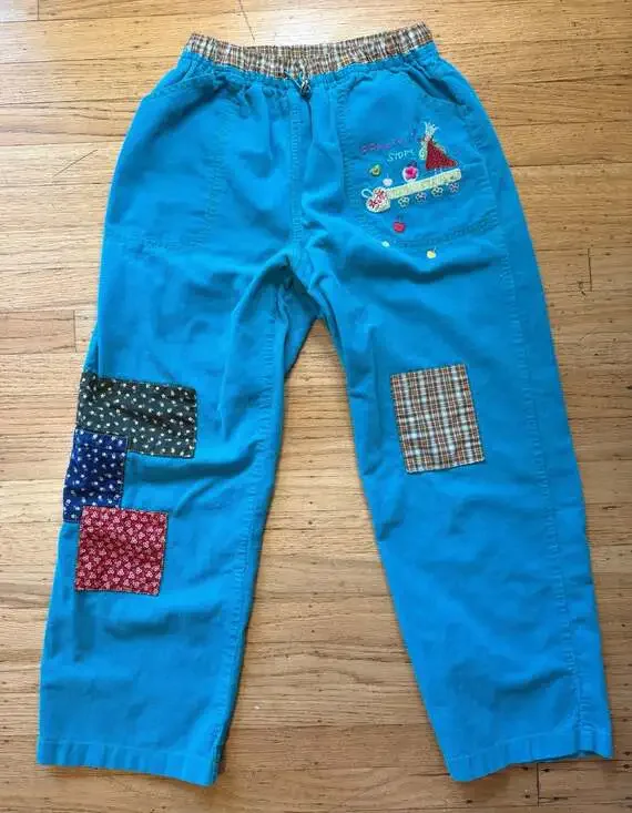 Sooky Story Fairy Patchwork Corduroy Pants Kids Vintage Blue Embroidered Drawstr