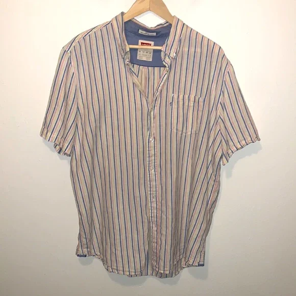 Levi’s Striped Button Up Shirt Short Sleeve Cream Blue Red Slim Fit XXL