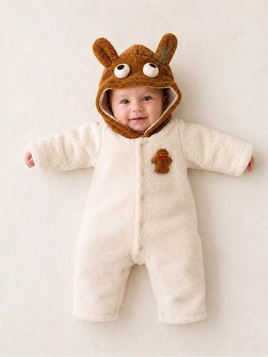 Pureborn Baby Teddy Sherpa Hooded Romper Bear One Piece Cream