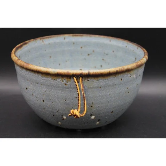 Signed Studio Pottery Berry Bowl Colander Blue Speckled Glaze 9.5in Handmade