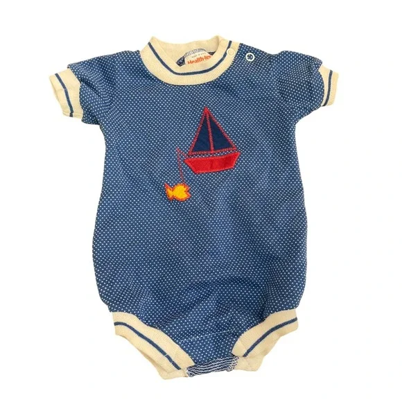 Vintage Health-tex Baby Romper 6 Months Blue Knit Sailboat Made in USA 70s 80s‎