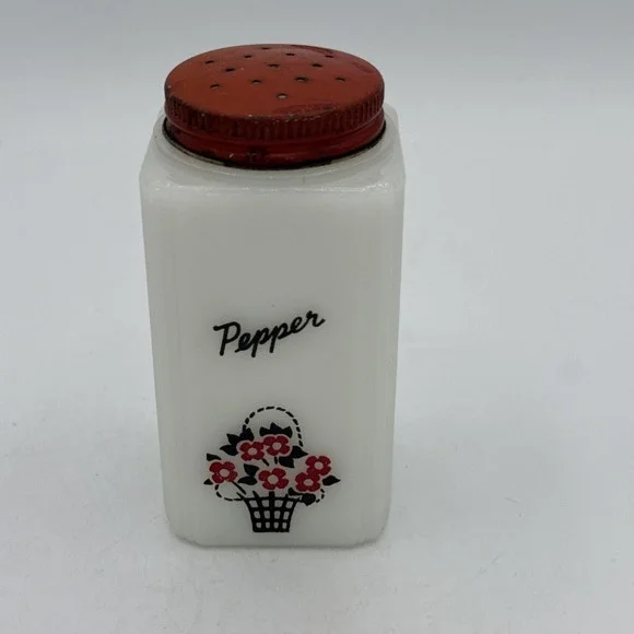Vintage McKee Tipp City Milk Glass Salt Shaker Flower Pot Red Metal Lid 4