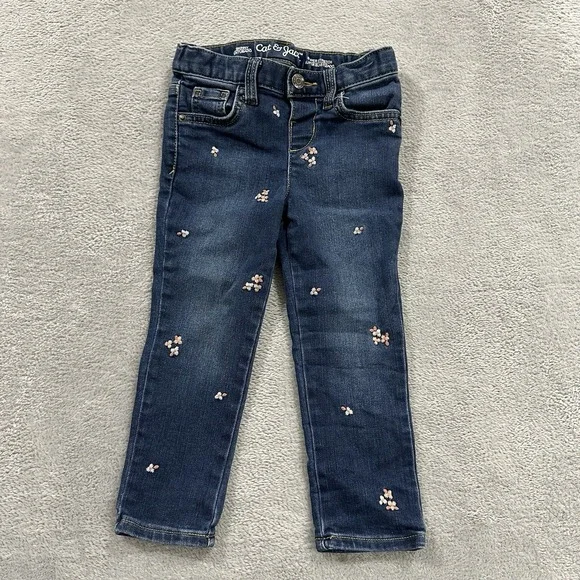 Cat & Jack Floral Jeans Girls Kids 3T Blue Skinny School Pockets Cute