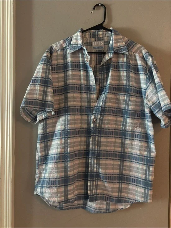 Vintage Levi's Blue and White Plaid Short-Sleeve Button-Down Shirt