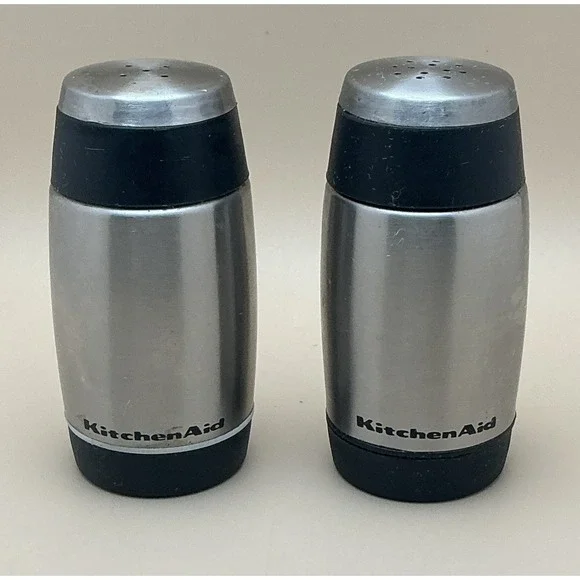 KitchenAid Stainless‎ Steel Salt & Pepper Shakers Set Soft Grip Brushed Silver