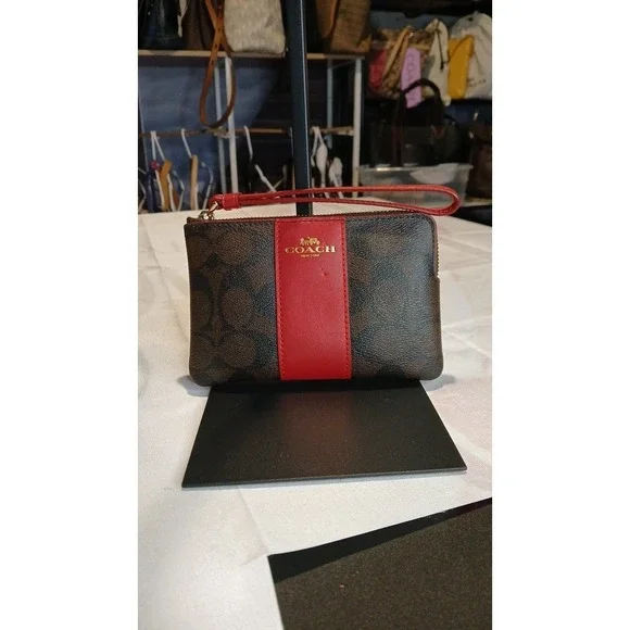 Coach Corner Zip Wristlet in Signature Canvas with Red Stripe