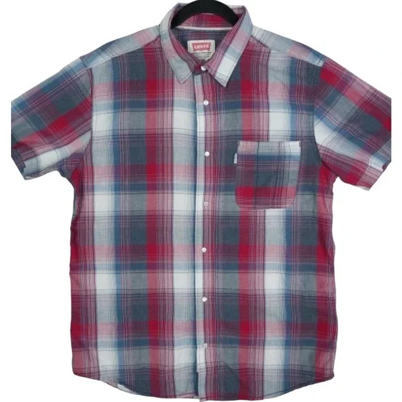 Levis Mens Short Sleeve Plaid Button‎ Down Shirt Red White Blue Size Medium