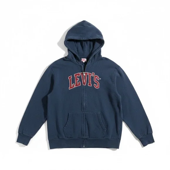 Levis Mens XXL Navy Blue Full Zip Hoodie Varsity Logo French Terry‎ Sweatshirt